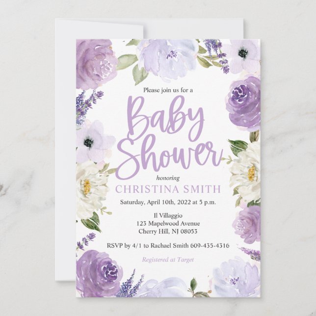 Purple Floral Baby Shower Invitations (Front)