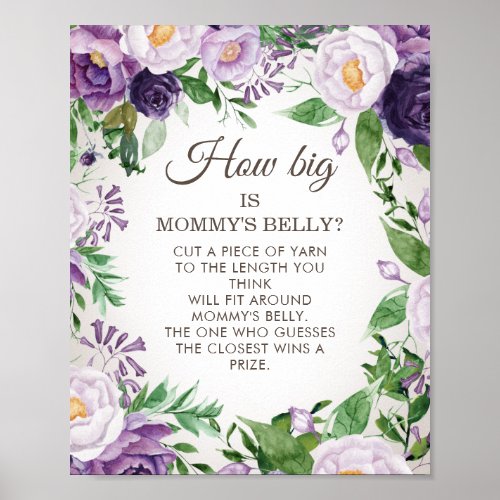 Purple Floral Baby Shower Mommys Belly Game Poster