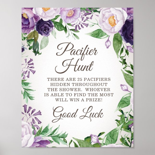 Purple Floral Baby Shower Pacifier Hunt Game Poster (Front)