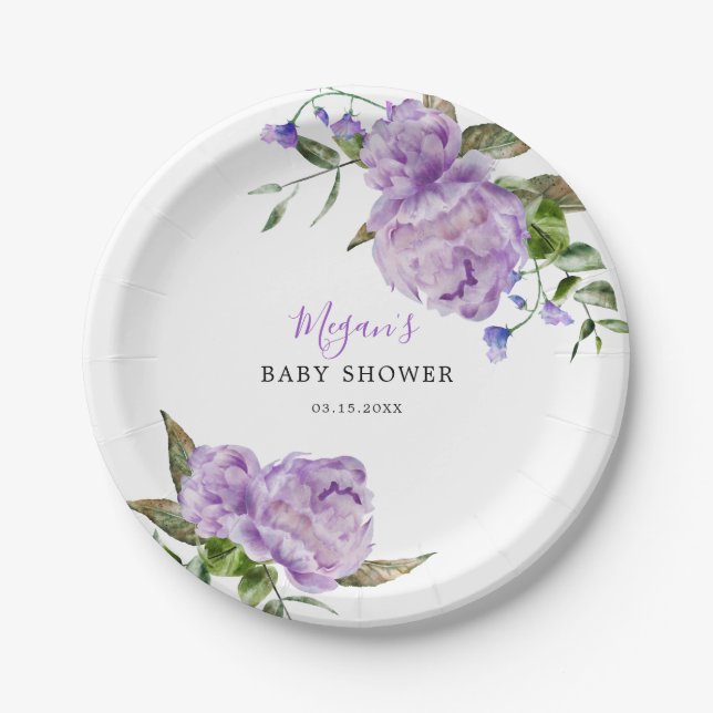 Purple Floral Baby Shower Paper Plates (Front)
