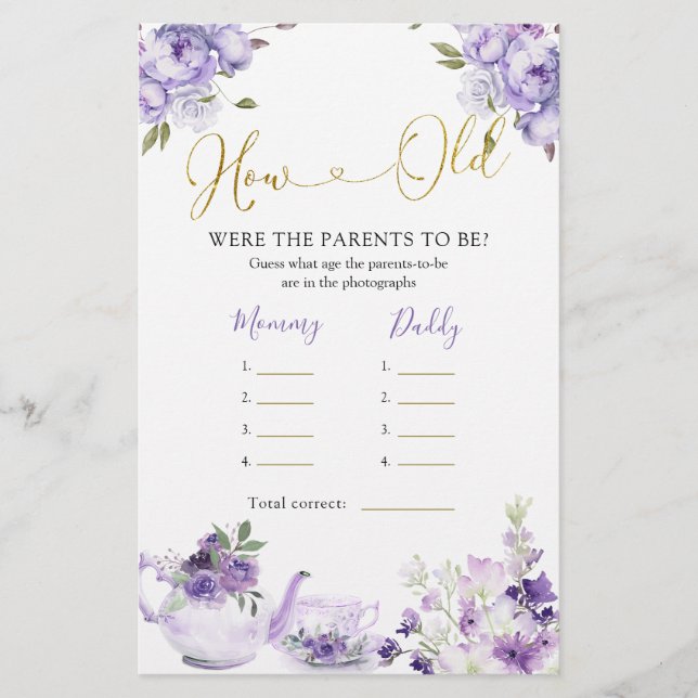 Purple Floral Baby Shower Tea How Old Parents (Front)