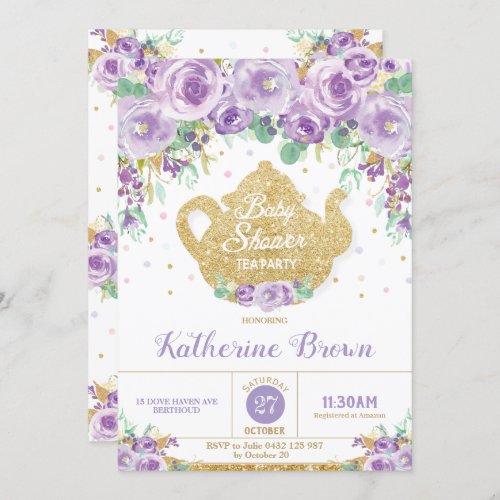 Purple Floral Baby Shower Tea Party Baby Girl Invitation