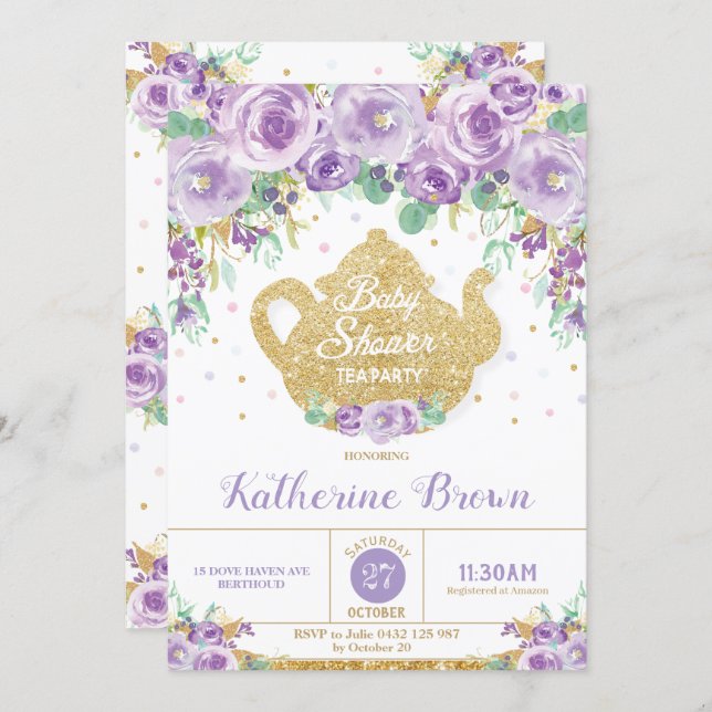 Purple Floral Baby Shower Tea Party Baby Girl Invitation (Front/Back)
