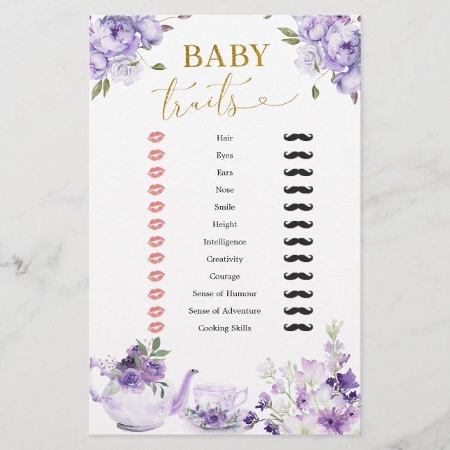 Purple Floral Baby Shower Tea Party Baby Traits (Front)