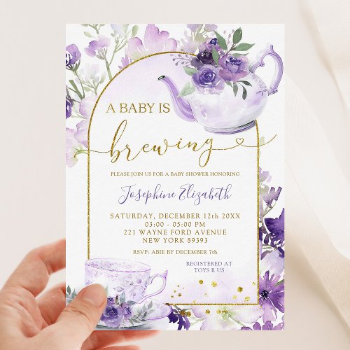 Purple Floral Baby Shower Tea Party Invitation
