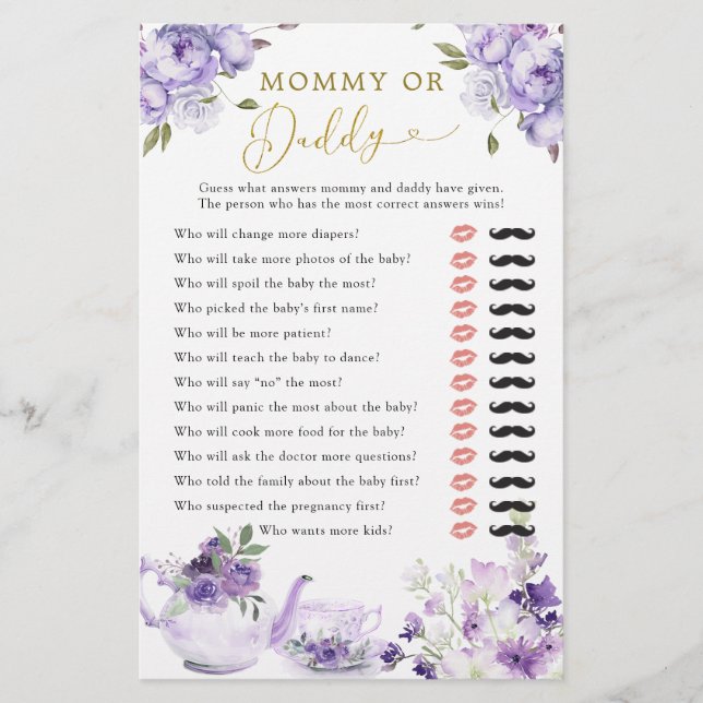 Purple Floral Baby Shower Tea Party Mommy or Daddy (Front)
