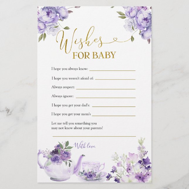 Purple Floral Baby Shower Tea Wishes for Baby (Front)