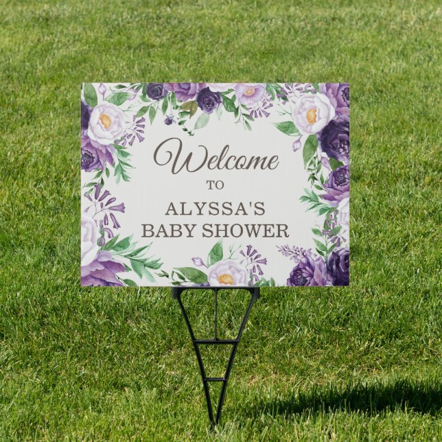 Purple Floral Baby Shower Welcome Name Sign (Insitu)
