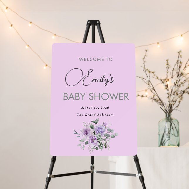 Purple Floral Baby Shower Welcome Sign (In Situ (Stand))
