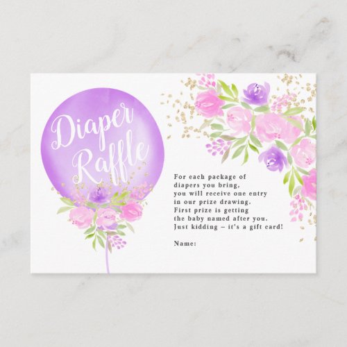 Purple floral balloon diaper raffle baby shower enclosure card