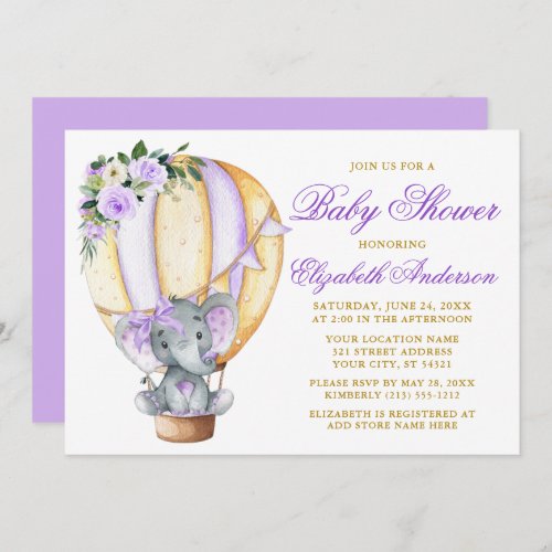 Purple Floral Balloon Elephant Bow Baby Shower Invitation
