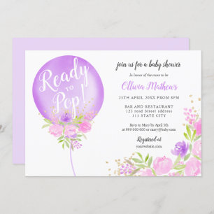 Purple floral balloon ready to pop baby shower invitation