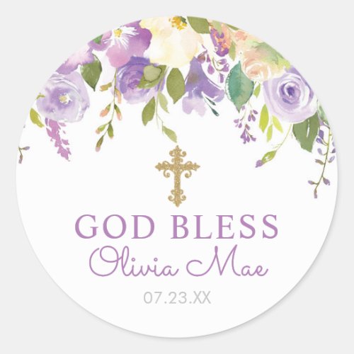 Purple Floral Baptism Favor Classic Round Sticker