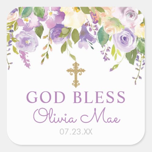 Purple Floral Baptism Favor Square Sticker