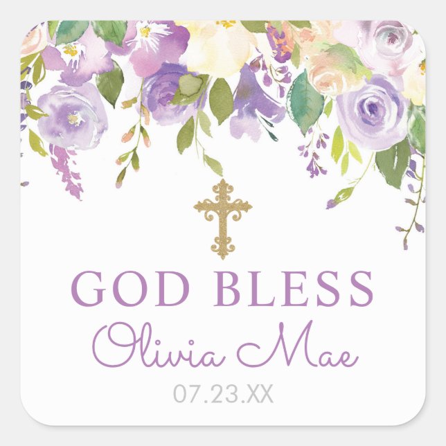 Purple Floral Baptism Favor Square Sticker (Front)