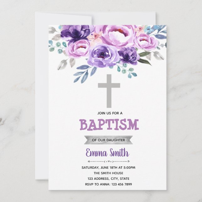 Purple Floral baptism invitation (Front)