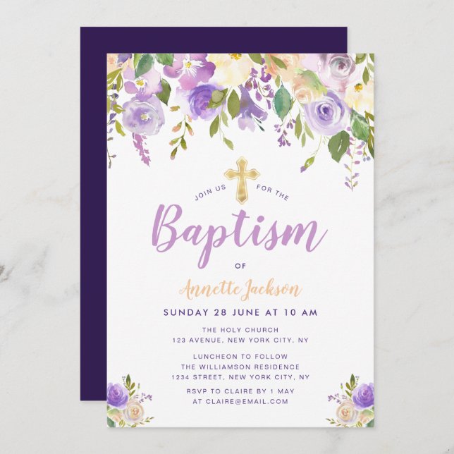 purple floral baptism invitation (Front/Back)
