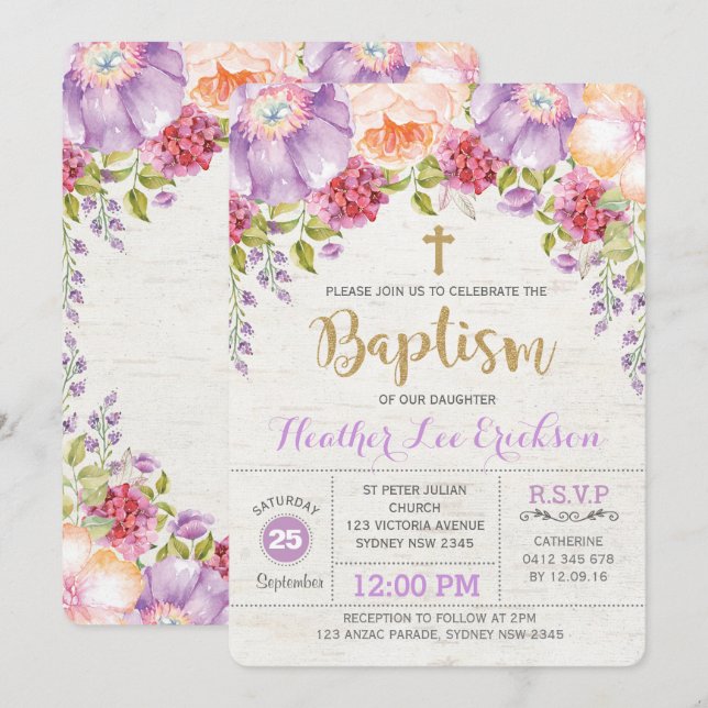 Purple Floral Baptism Invitation Girl Christening (Front/Back)