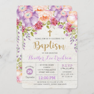 Purple Floral Baptism Invitation Girl Christening