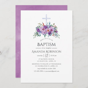 Purple Floral Baptism or Christening Invitation