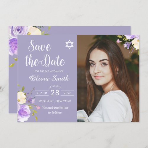 Purple Floral Bat Mitzvah Photo Save The Date