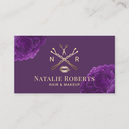 Purple Floral Beauty Logo Hair  Makeup Artist Business Card