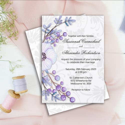 Purple Floral Berries and Damask Wedding Invitation