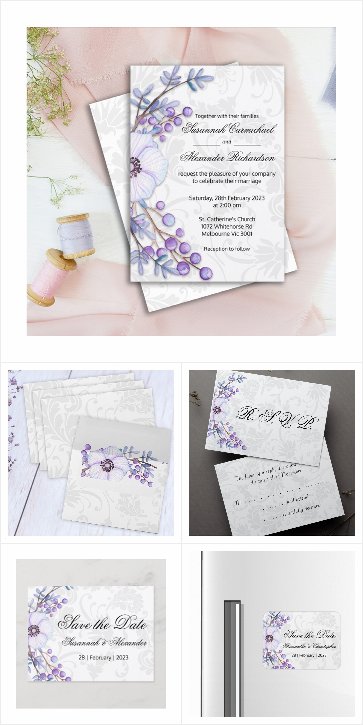 Purple Floral Berries and Grey Damask