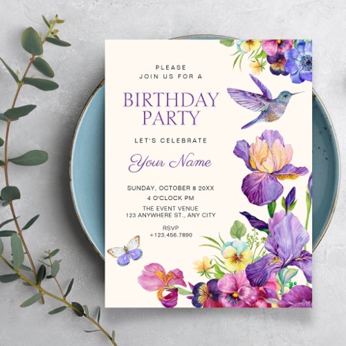 Purple Floral bird art elegant  birthday Invitation