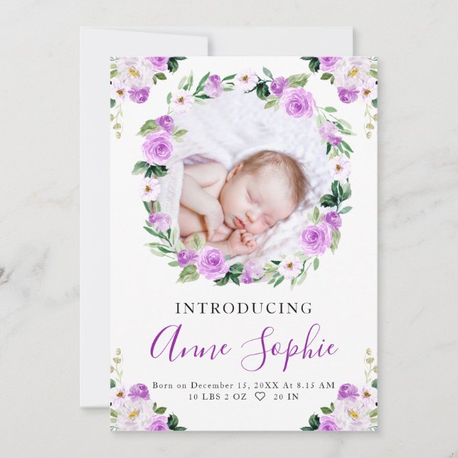 Purple Floral Birth Announcement Thank You Card (Front)
