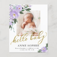 Purple Floral Birth Announcement Thank You Card