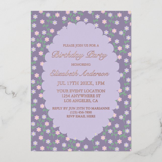 Purple Floral Birthday Foil Invitation (Front)