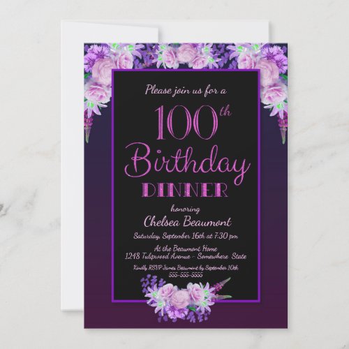 Purple Floral Black 100th Birthday Dinner Party Invitation