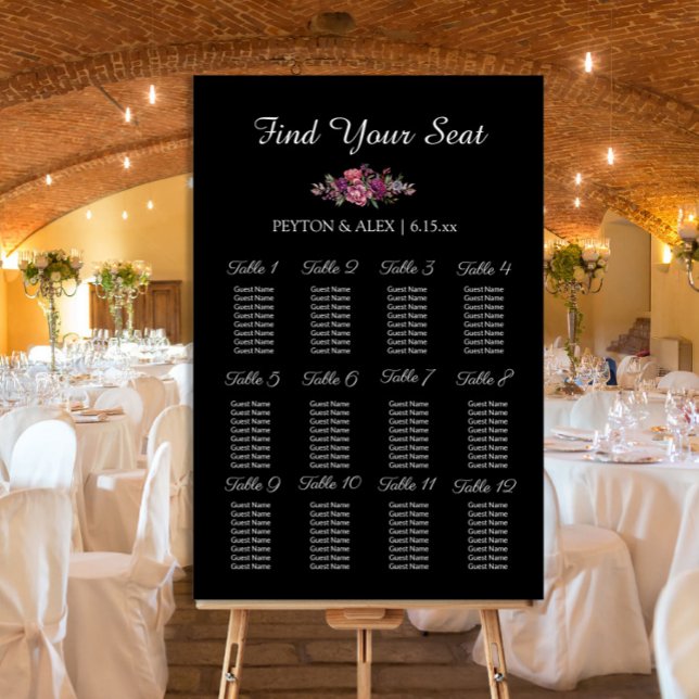 Purple Floral Black 12 Table Wedding Guest Seating Foam Board (Creator Uploaded)