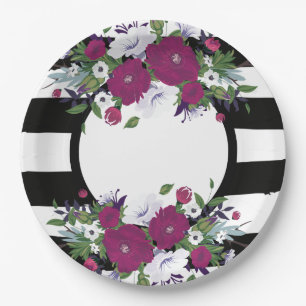 Purple Floral Black And White Stripes Flowers Paper Plates
