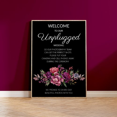 Purple Floral Black Botanical Unplugged Wedding Poster