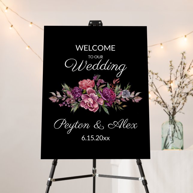 Purple Floral Black Botanical Wedding Welcome  Foam Board (In Situ (Stand))