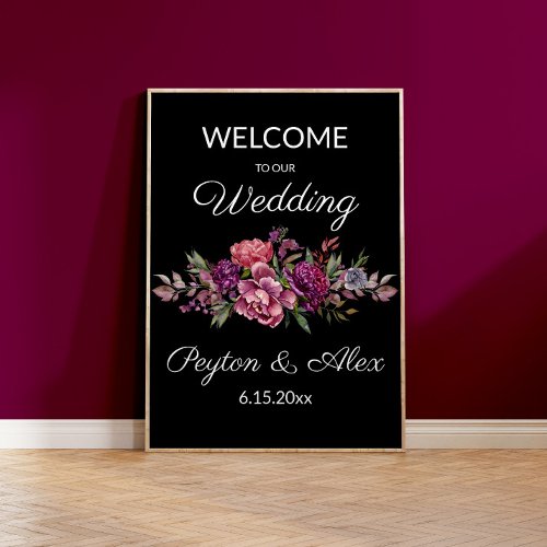 Purple Floral Black Botanical Wedding Welcome Poster