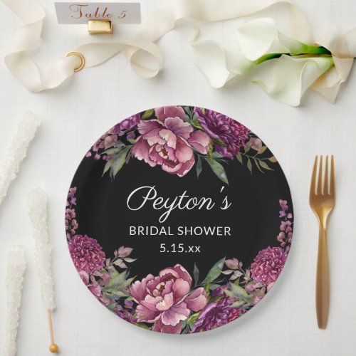 Purple Floral Black Bridal Shower Name Date  Paper Plates