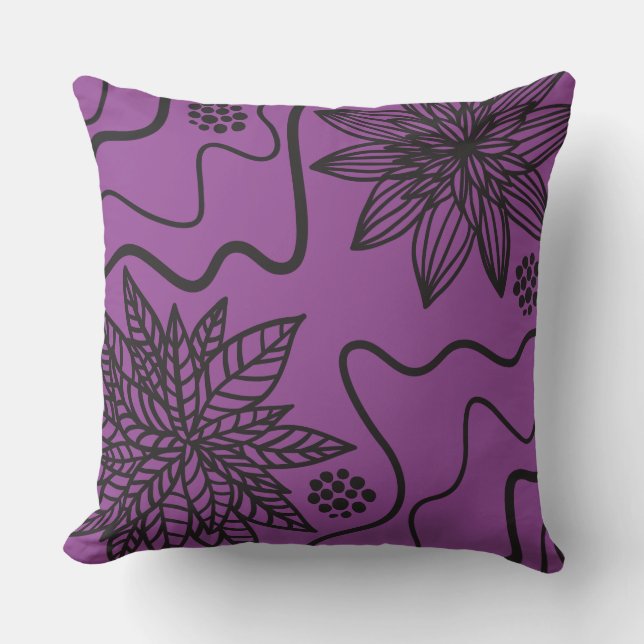 PURPLE FLORAL BLACK DESIGN Retro Throw Pillow (Front)