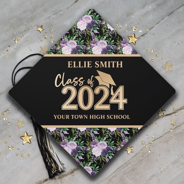 Purple Floral Black Gold Class 2024 Graduation  Graduation Cap Topper (Purple floral on black and gold Class of 2024 graduation cap tassel topper)