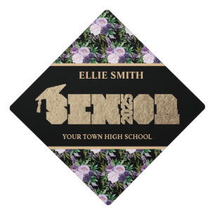 Purple Floral Black Gold Class 2025 Graduation  Cap Topper