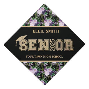 Purple Floral Black Gold Class 2025 Graduation Graduation Cap Topper