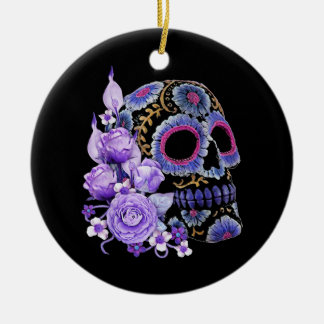 Purple Floral Black Sugar Skull Ceramic Ornament