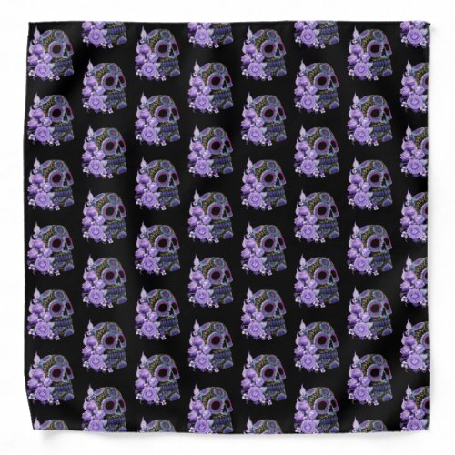 Purple Floral Black Sugar Skull Day Of The Dead Bandana
