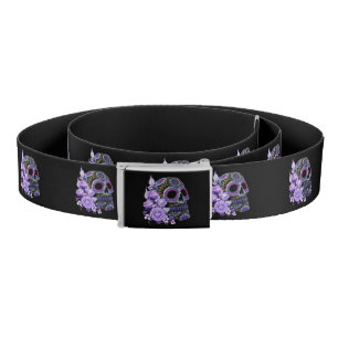Purple Floral Black Sugar Skull Day Of The Dead Belt