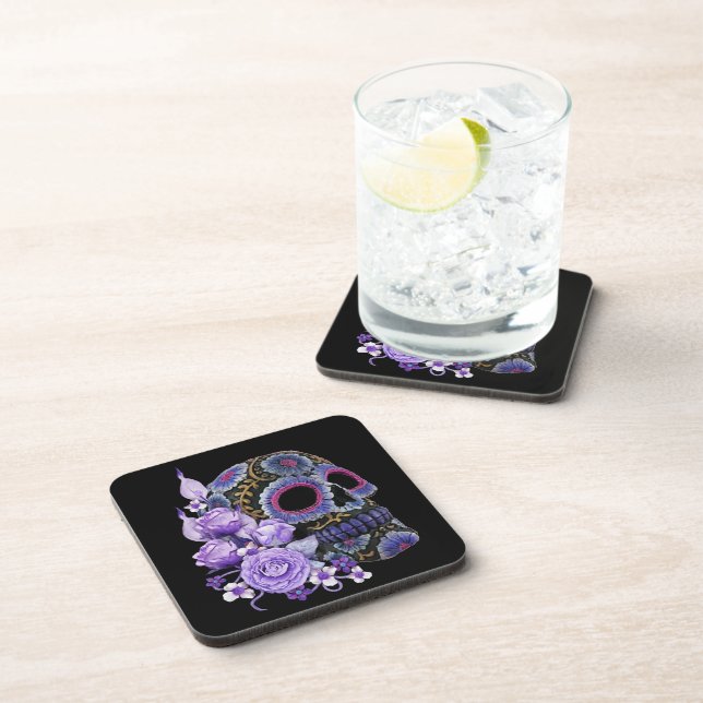 Purple Floral Black Sugar Skull Day Of The Dead Beverage Coaster (Right Side)