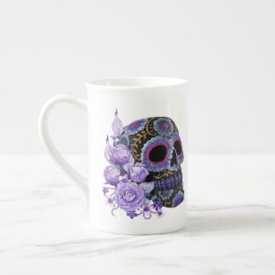 Purple Floral Black Sugar Skull Day Of The Dead Bone China Mug