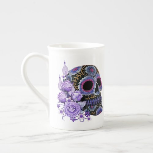 Purple Floral Black Sugar Skull Day Of The Dead Bone China Mug