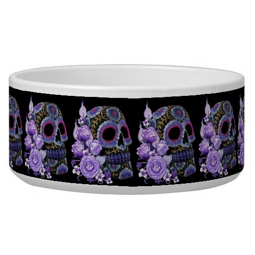 Purple Floral Black Sugar Skull Day Of The Dead Bowl